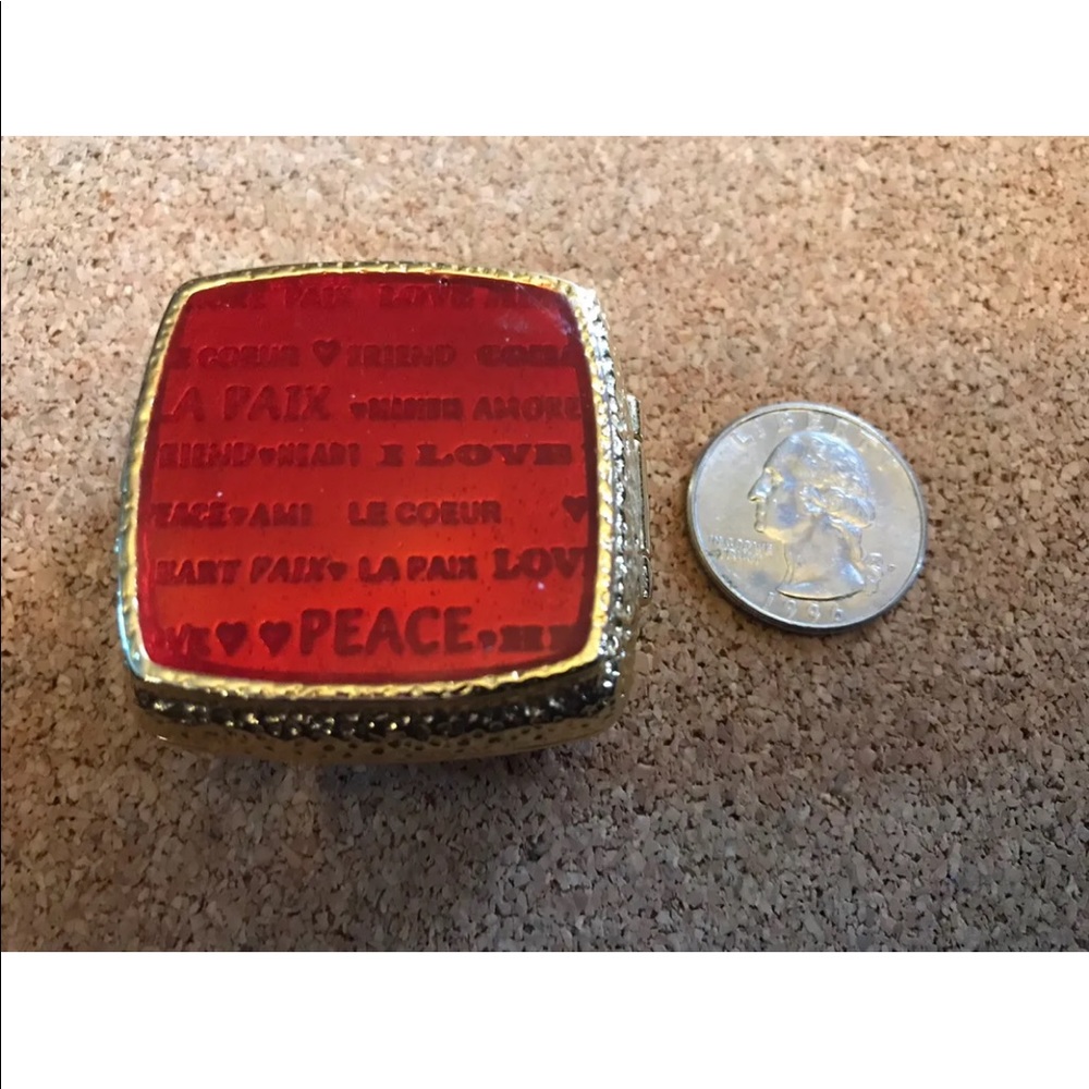 HEAVY SMALL PILL BOX VNTAGE -RED'GOLD-Bloomingdales - 1.5 X 1.5 INCHES- SQUARE